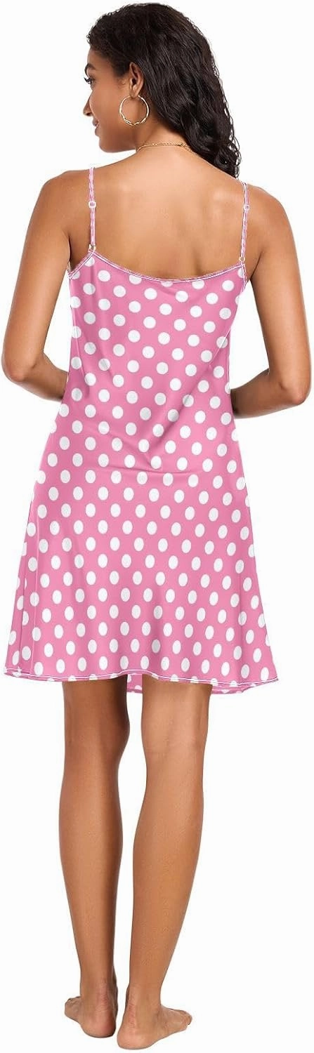 Polka Dots Pink Womens Slip, Satin Cami Sleep Dress, Sleeveless Night Shirts for Woman, S