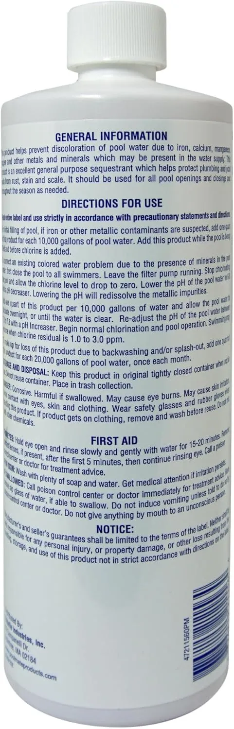 Pool Mate 1-Quart 4-Pack Concentrated Metal Out Stain and Mineral Inhibitor, Pool Metal Remover, Stain Remover, Made in USA