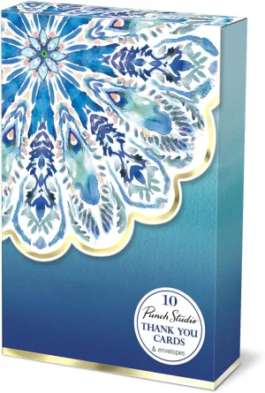 Punch Studio Azure Peacock Thank You Cards, Set of 10 with Envelopes, 3.5 x 5 inches, Blue and Gold Foil - Azure Medallion 59234