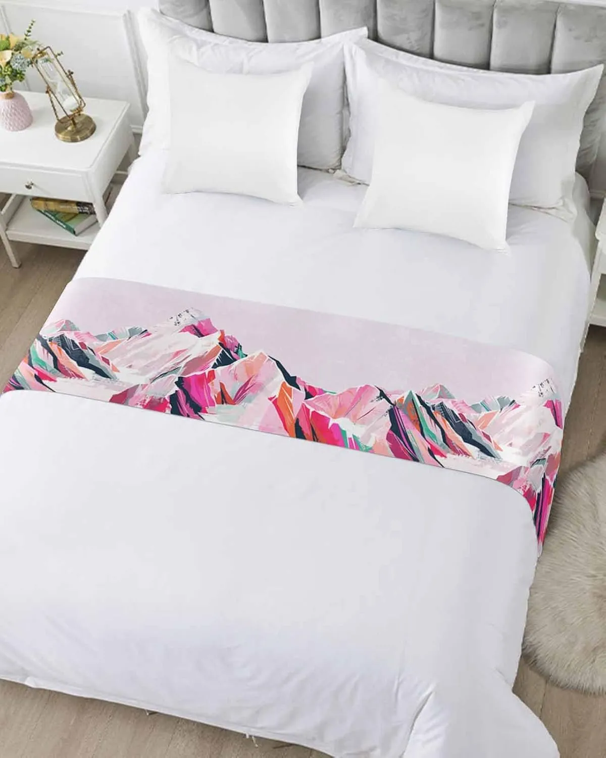 Purple Mountain Bed Runner for Twin Size Bed, Bedspread Protector Slipcover Bed Scarf for Foot Bed Runners & Scarves for Bedroom Hotel Wedding 71x20 Inches Abstract Pink Street Art Nature Wilderness