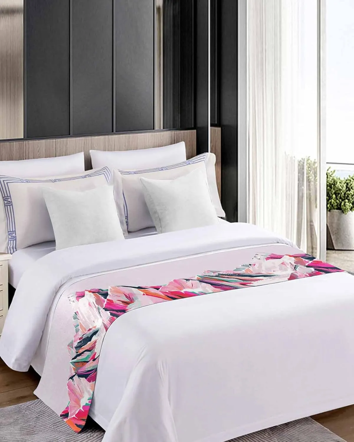 Purple Mountain Bed Runner for Twin Size Bed, Bedspread Protector Slipcover Bed Scarf for Foot Bed Runners & Scarves for Bedroom Hotel Wedding 71x20 Inches Abstract Pink Street Art Nature Wilderness
