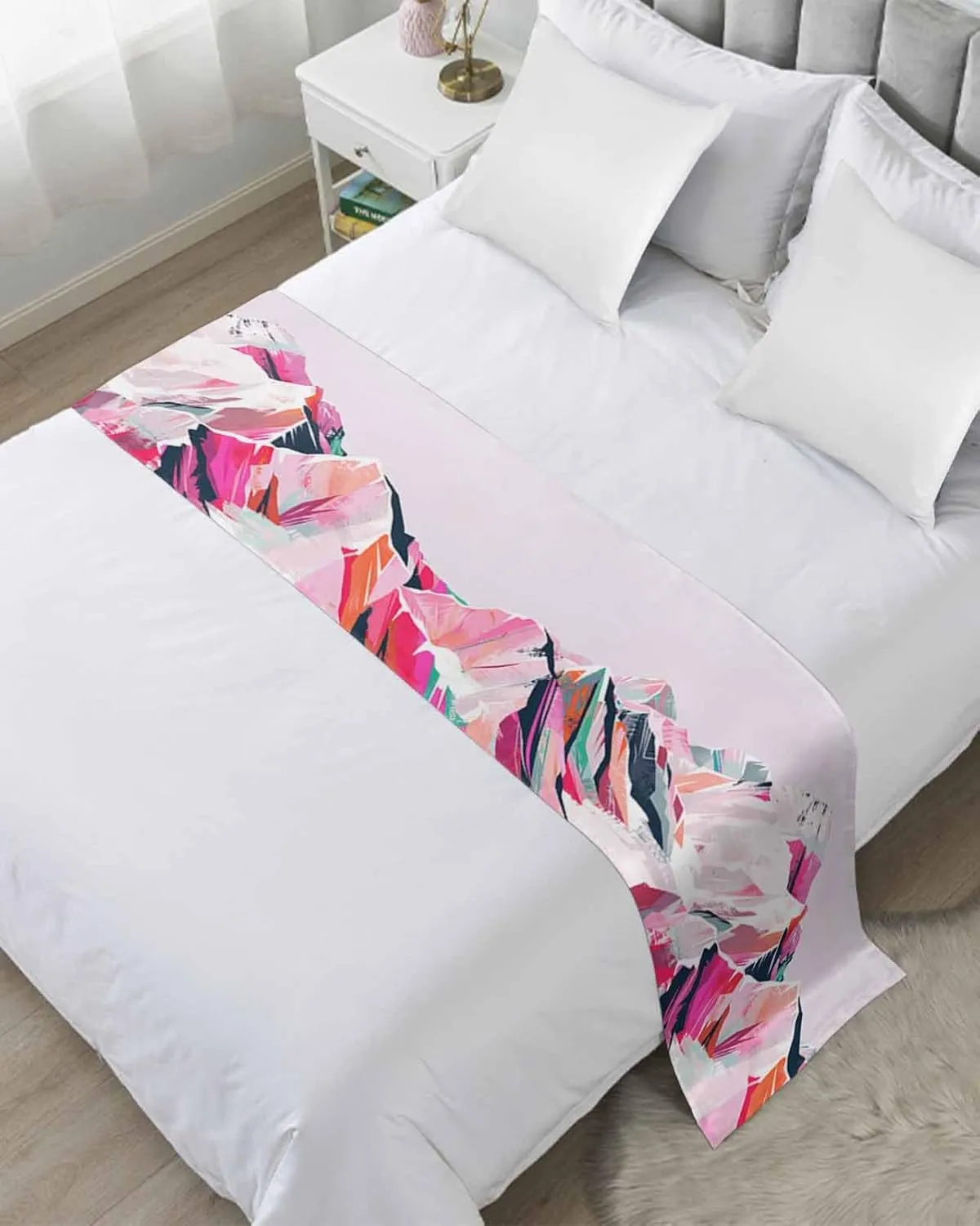 Purple Mountain Bed Runner for Twin Size Bed, Bedspread Protector Slipcover Bed Scarf for Foot Bed Runners & Scarves for Bedroom Hotel Wedding 71x20 Inches Abstract Pink Street Art Nature Wilderness