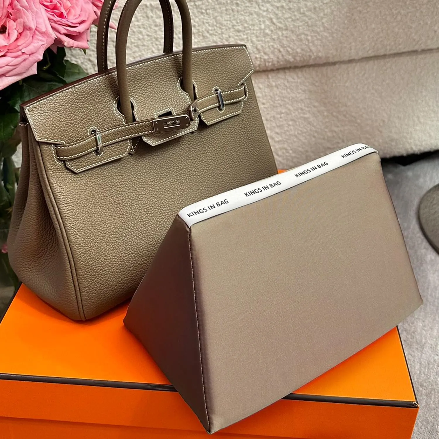 Purse Pillow for Birkin 25/30/35/40, Smooth Satin Bag Shaper Compatible with Hermes Birkin Bag, Memory Foam Pillows for Women Handbag, Lightweight Purse Stuffers for Shape(Etoupe Grey, BK25 Sellier)
