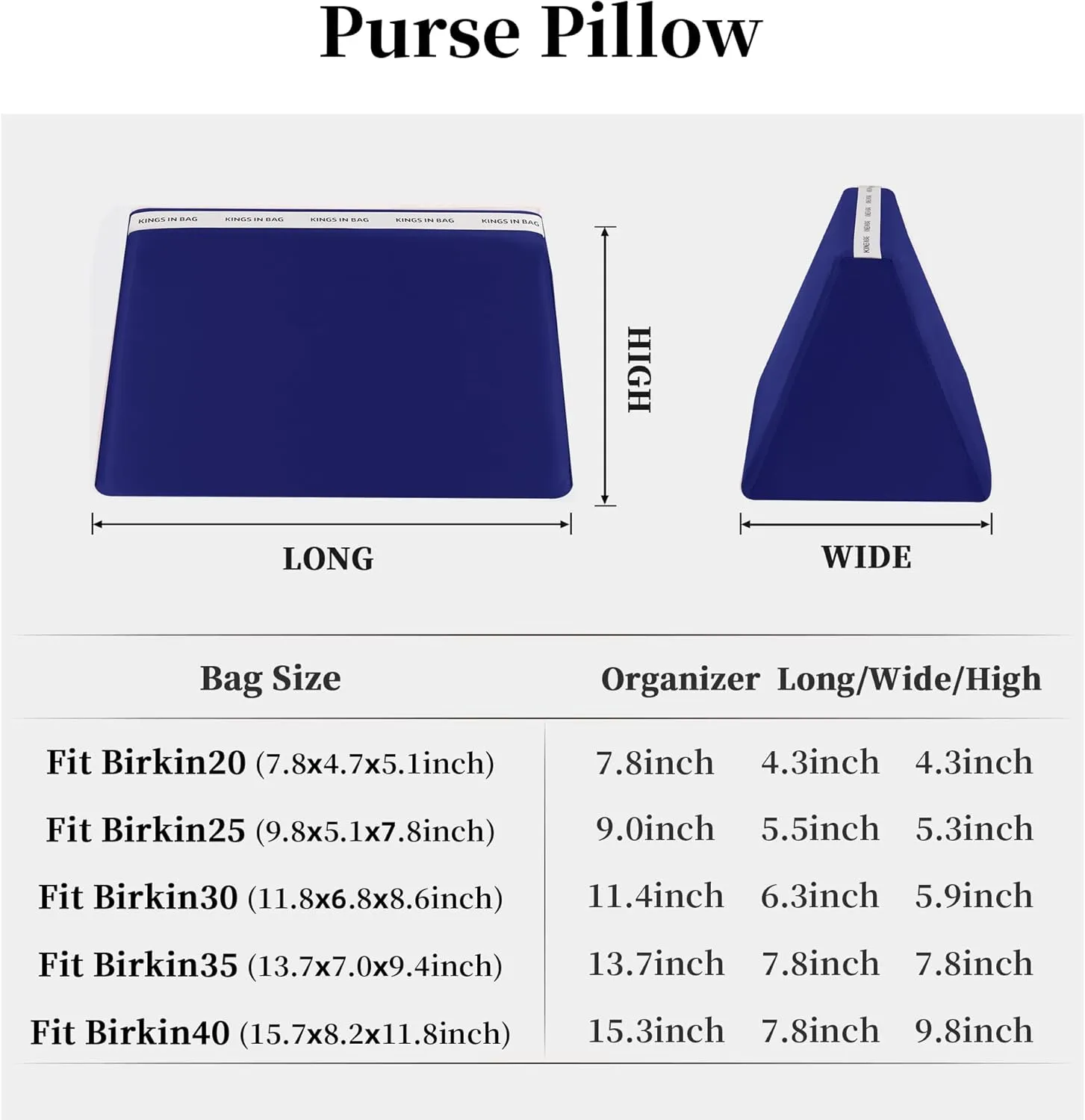 Purse Pillow Inserts for Birkin 30 Bag, KINGS IN BAG Purse Organizer Insert Pillow Compatible with Hermes Birkin Bag, Lightweight Memory Foam Pillow with Soft Satin, Daily Storage(Blue Electric, BK30)