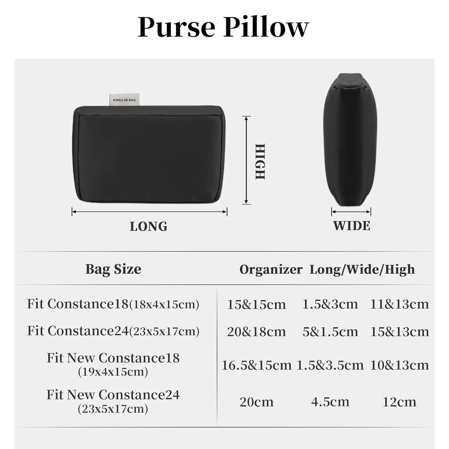 Purse Shaper Pillow Insert for Constance 18 Bag, KINGS IN BAG Luxury Bag Shaper Compatible with Constance 18 Handbag, Soft-touch and Lightweight Inner Pillow, Down Cotton Inner(Black, Constance 19)