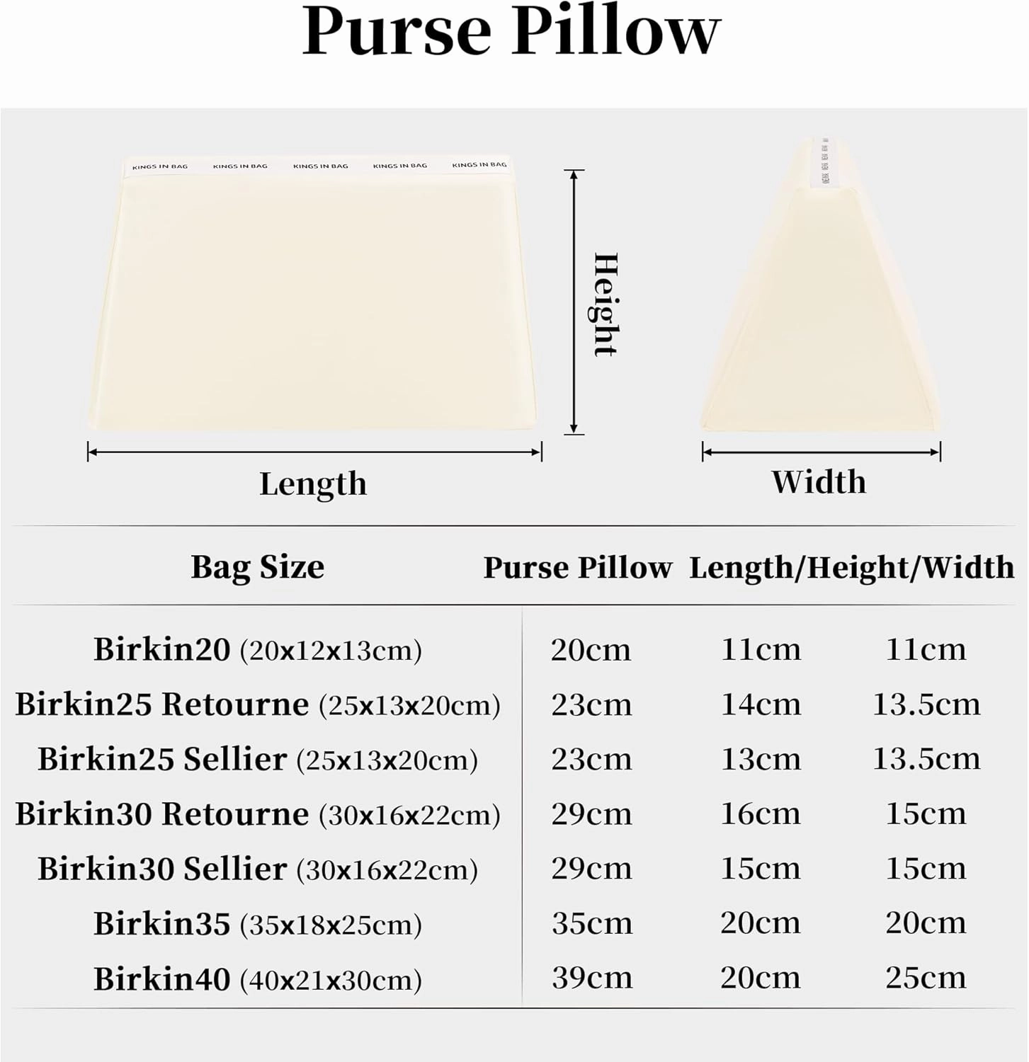 Purse Pillow for Birkin 25/30/35/40, Smooth Satin Bag Shaper Compatible with Hermes Birkin Bag, Memory Foam Pillows for Women Handbag, Lightweight Purse Stuffers for Shape(Craie, BK25 Sellier)