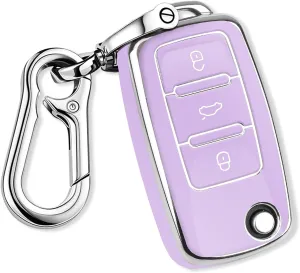 QBUC for VW Key Fob Cover with Keychain Silver Trim Soft TPU Compatible with Volkswagen Jetta Beetle Santana Scirocco Eos Tiguan Touran Polo MK5 Passat Golf GTI MK6（Purple）