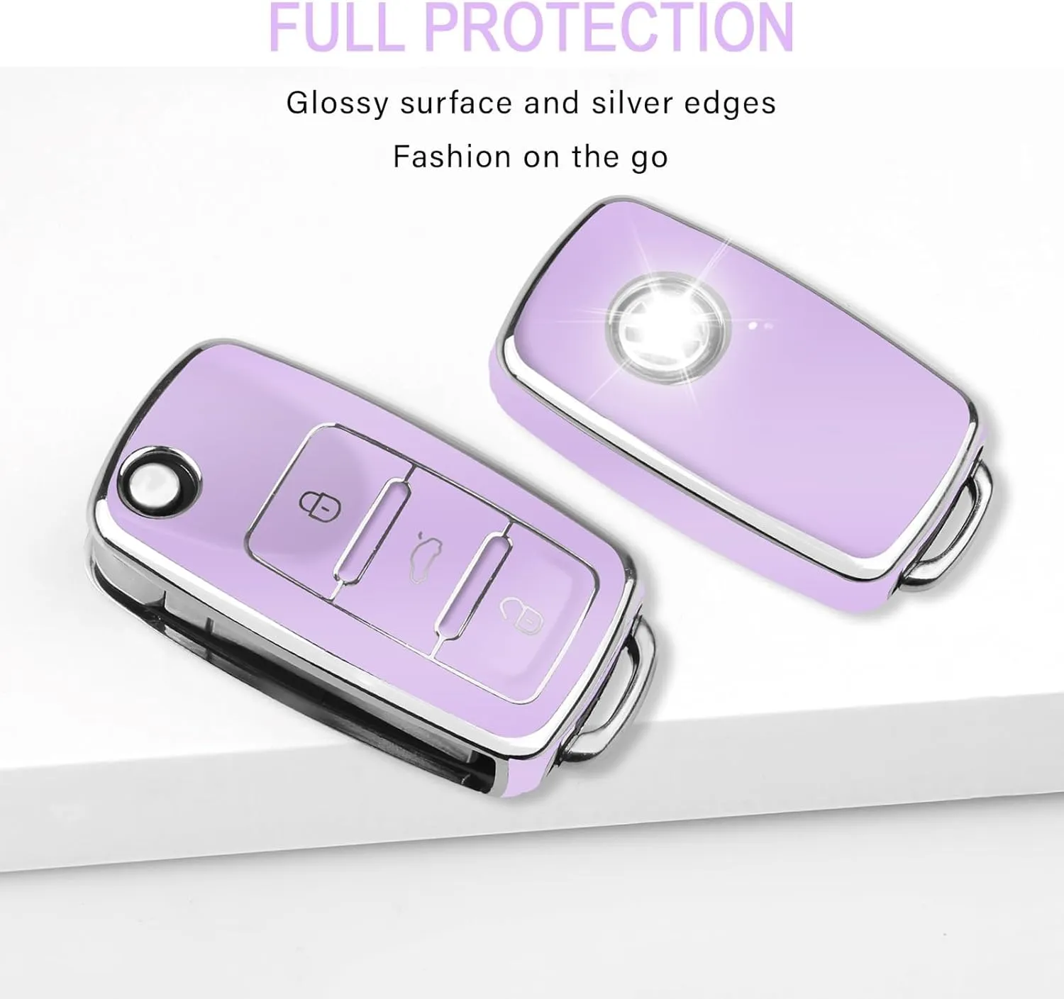 QBUC for VW Key Fob Cover with Keychain Silver Trim Soft TPU Compatible with Volkswagen Jetta Beetle Santana Scirocco Eos Tiguan Touran Polo MK5 Passat Golf GTI MK6（Purple）