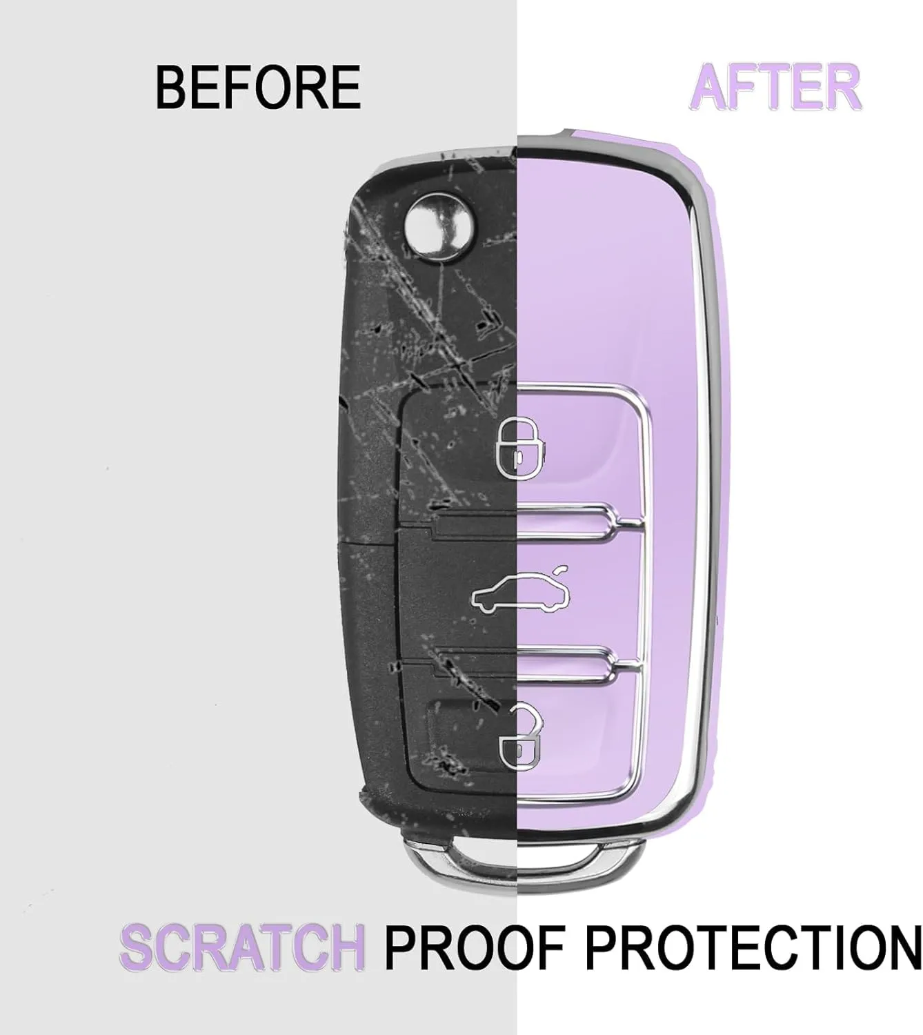 QBUC for VW Key Fob Cover with Keychain Silver Trim Soft TPU Compatible with Volkswagen Jetta Beetle Santana Scirocco Eos Tiguan Touran Polo MK5 Passat Golf GTI MK6（Purple）