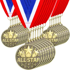 Quelay 30 Pcs 2'' Award Medals Bulk Gold Winner Medals with Neck Ribbons Metal Trophy Award Prize Gift for Tournaments, Competitions, Party, Kids and Adults
