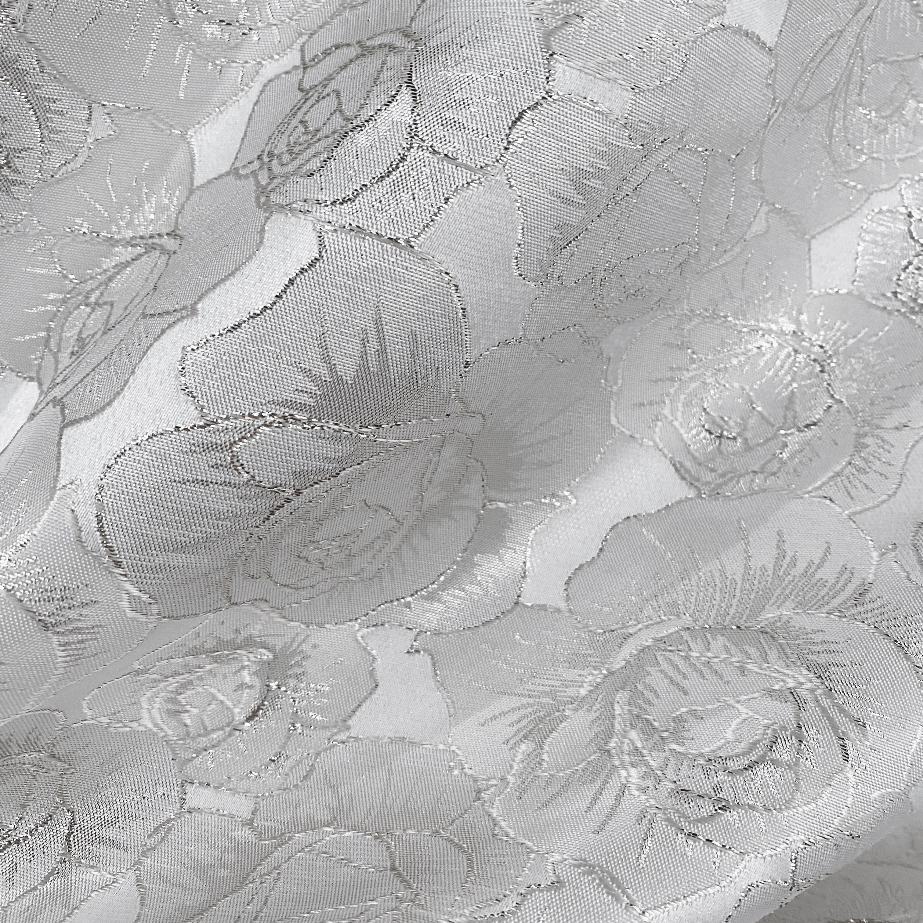Raised Edge Rose Brocade - Metallic- Silver/White