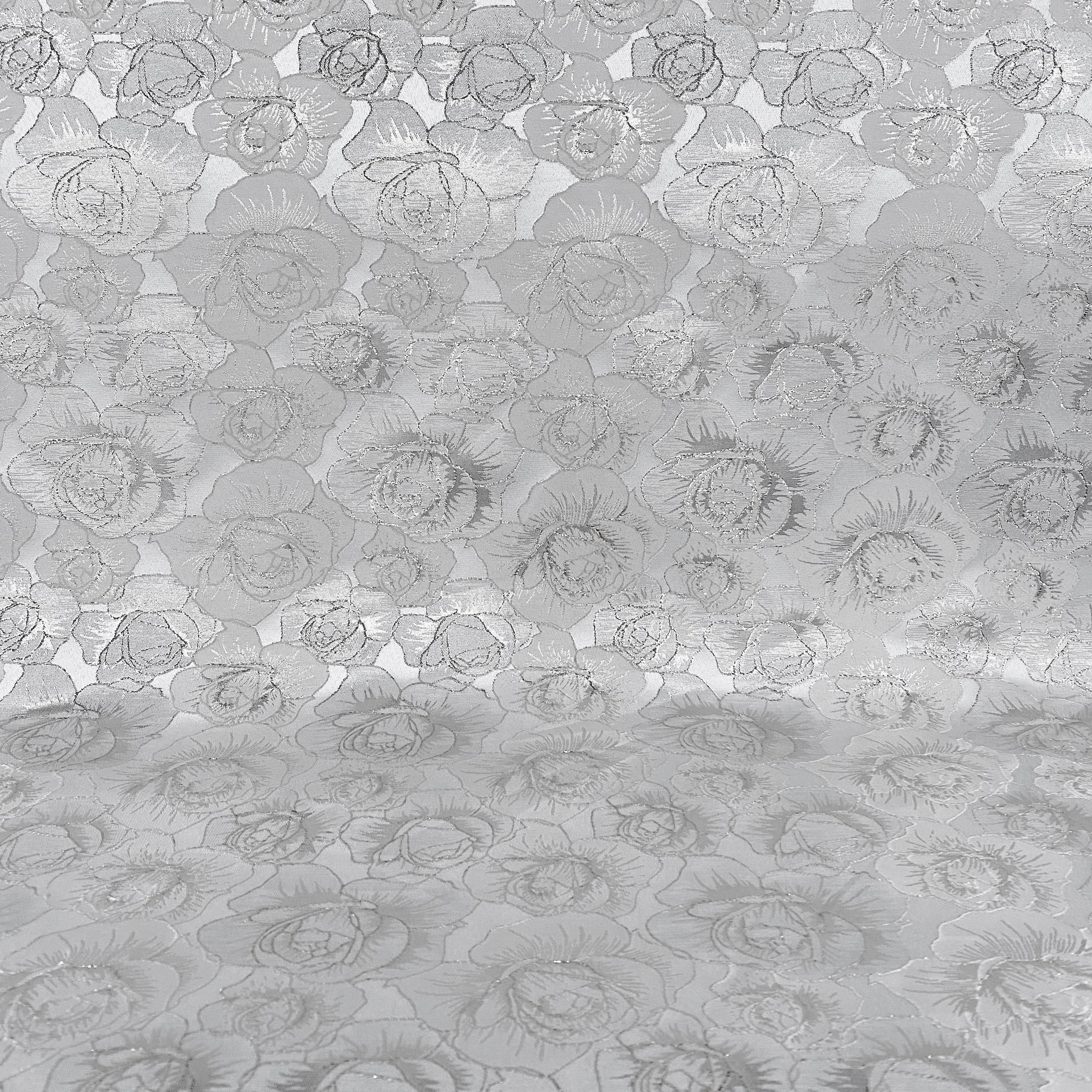 Raised Edge Rose Brocade - Metallic- Silver/White