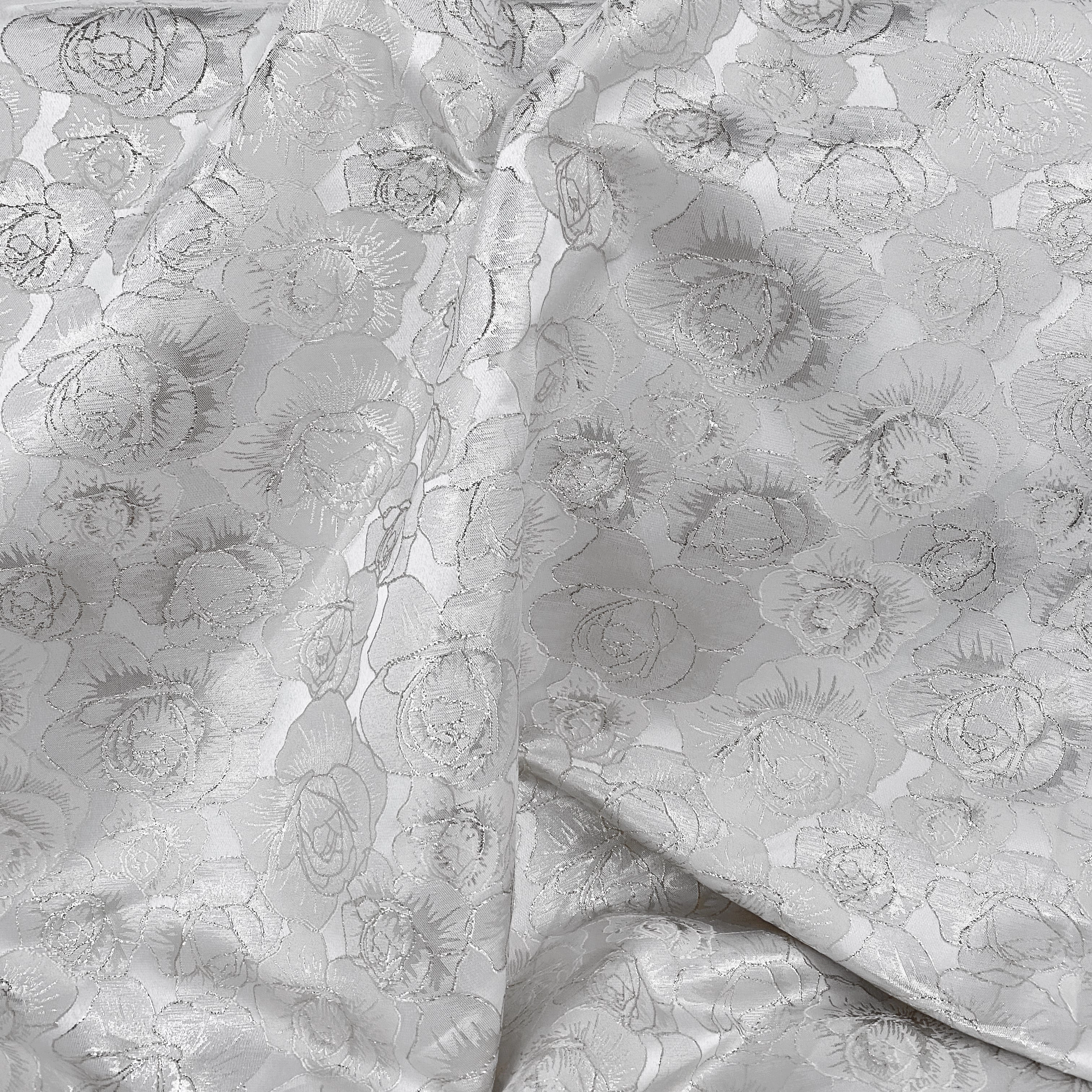 Raised Edge Rose Brocade - Metallic- Silver/White