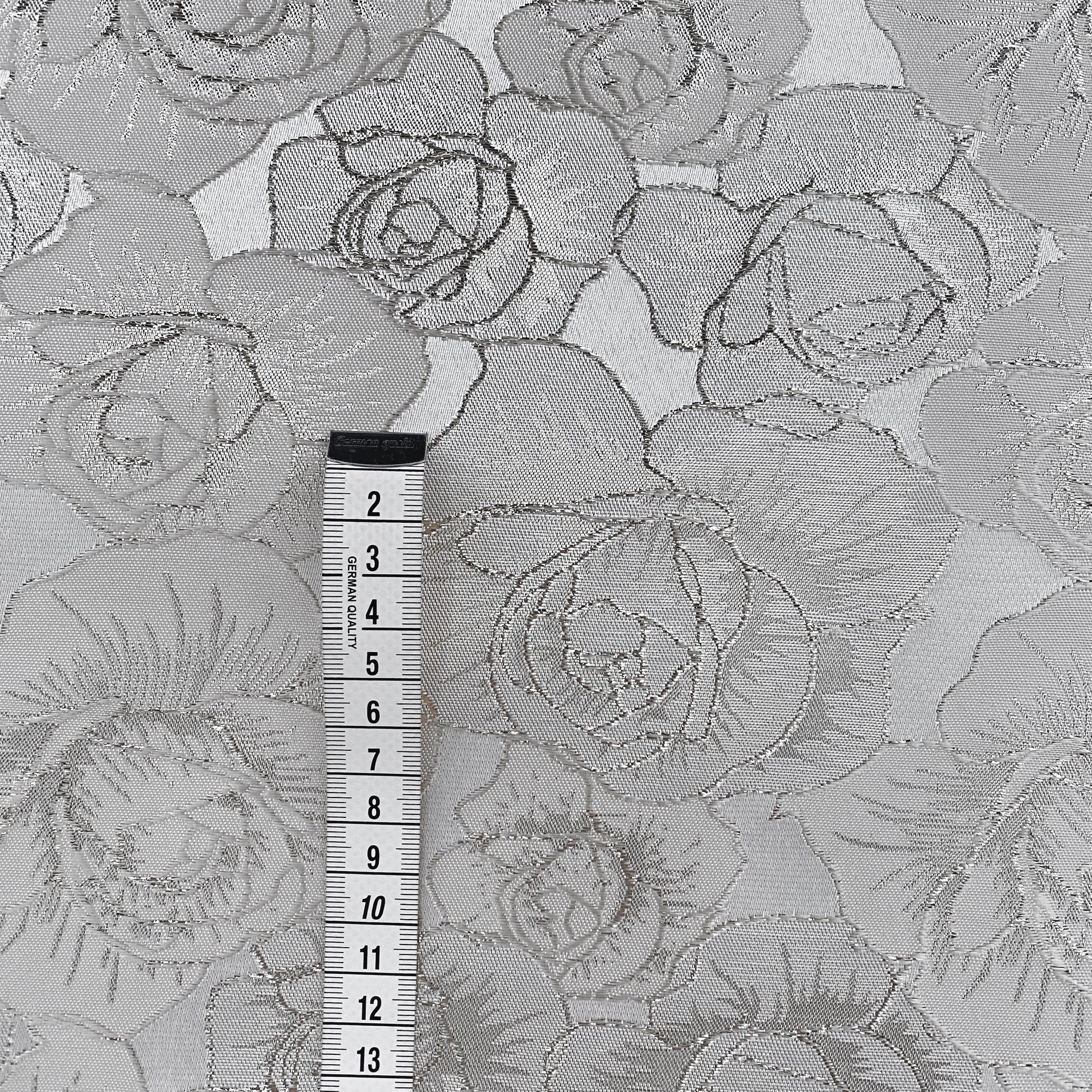Raised Edge Rose Brocade - Metallic- Silver/White