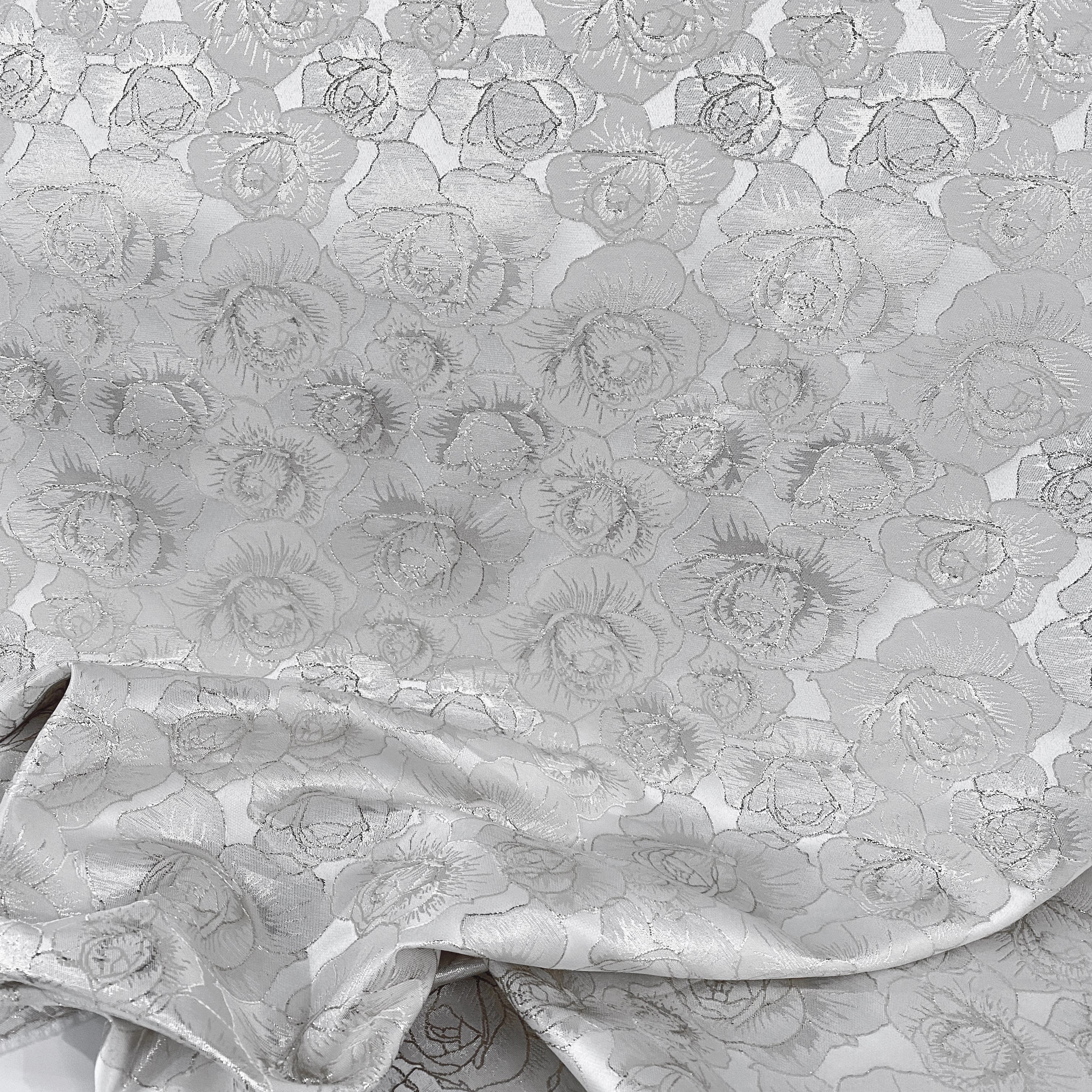 Raised Edge Rose Brocade - Metallic- Silver/White