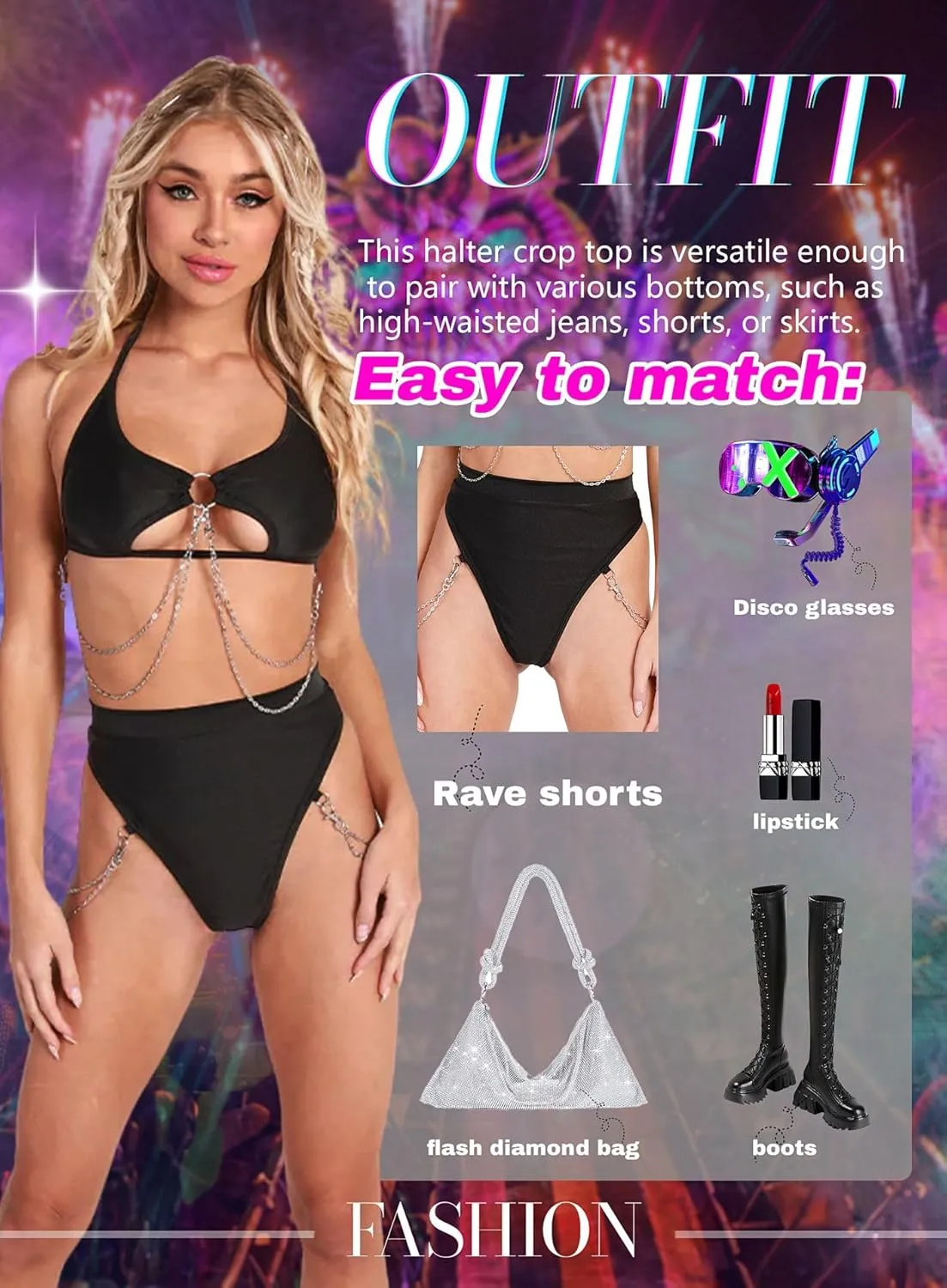 Rave Top for Women - Sexy EDC Festival Cutout Underboob Shirt Silver Chain Halter Bikini Bra Concert Tank Outfits