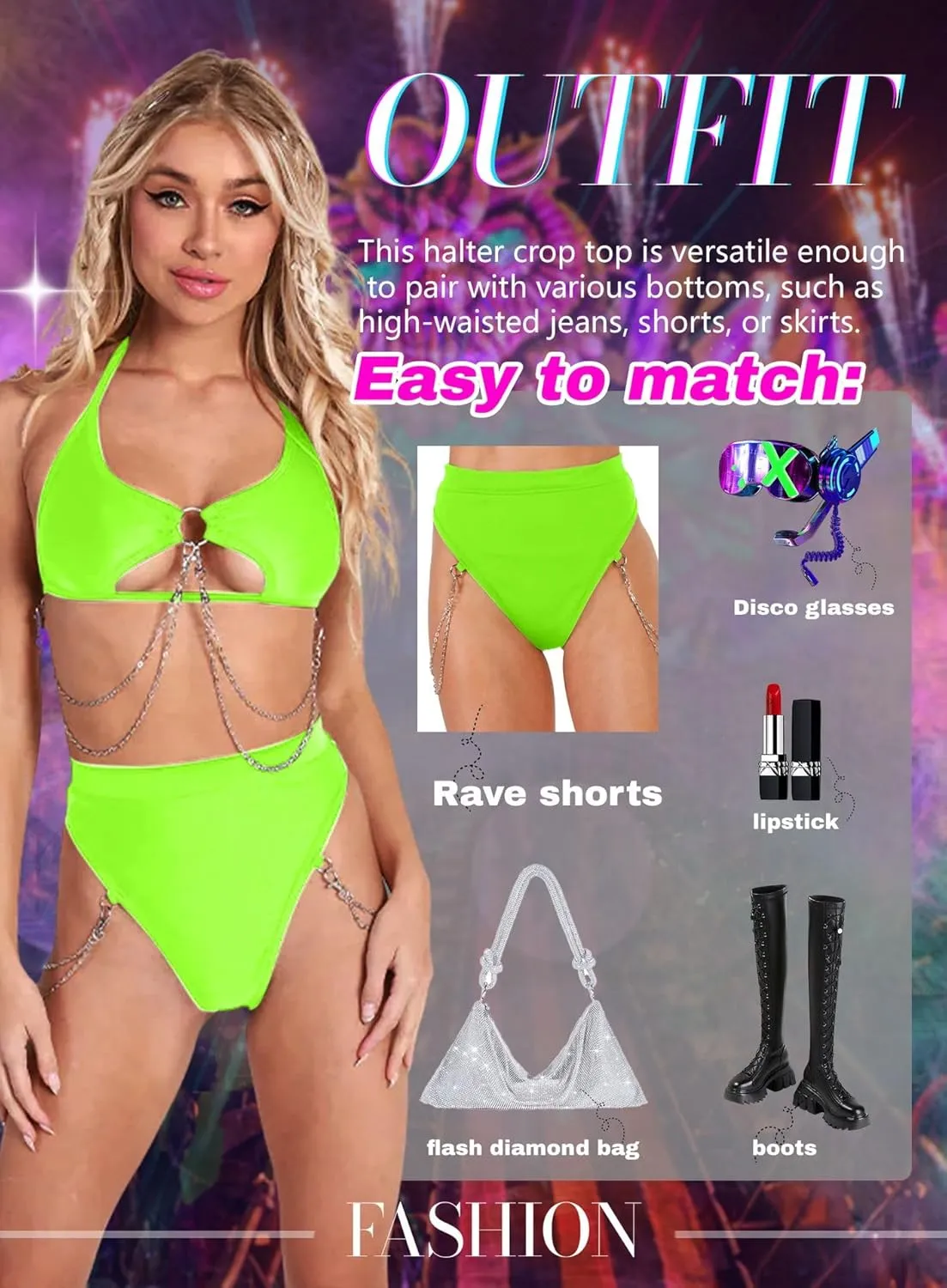 Rave Top for Women - Sexy EDC Festival Cutout Underboob Shirt Silver Chain Halter Bikini Bra Concert Tank Outfits