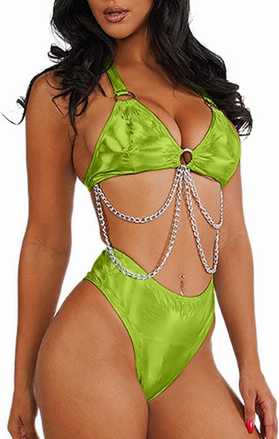 Rave Outfits for Women - EDC Metallic Holographic Body Chain Harness Top High Waist Bottom Festival Dance Bikini