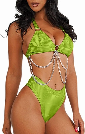 Rave Outfits for Women - EDC Metallic Holographic Body Chain Harness Top High Waist Bottom Festival Dance Bikini