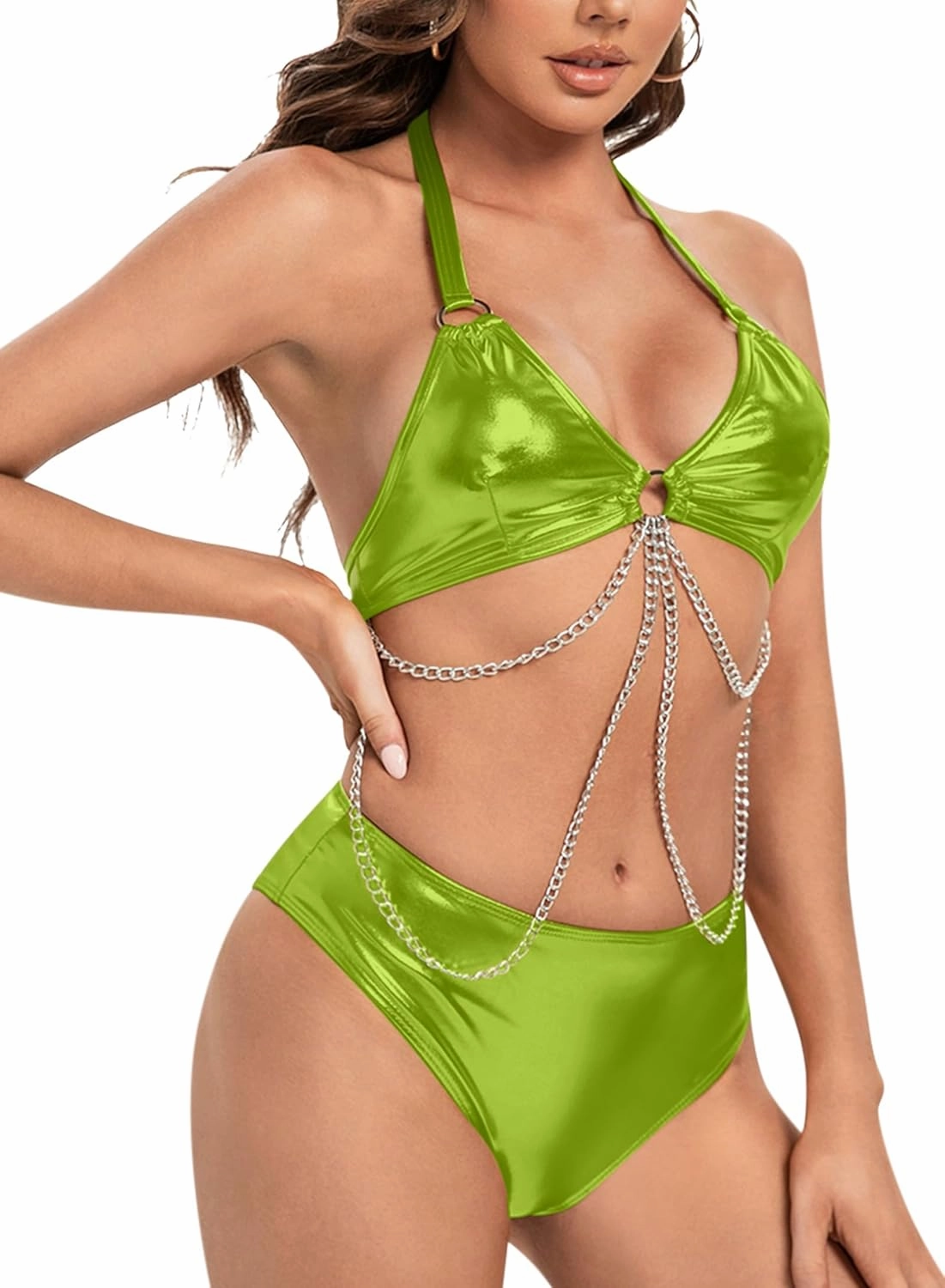 Rave Outfits for Women - EDC Metallic Holographic Body Chain Harness Top High Waist Bottom Festival Dance Bikini