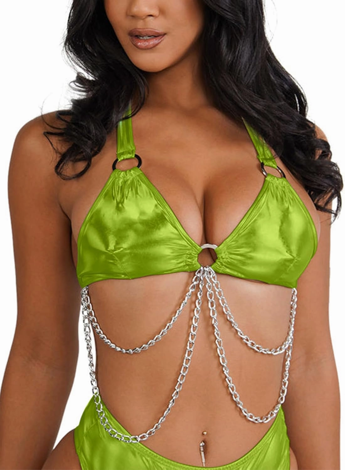 Rave Outfits for Women - EDC Metallic Holographic Body Chain Harness Top High Waist Bottom Festival Dance Bikini