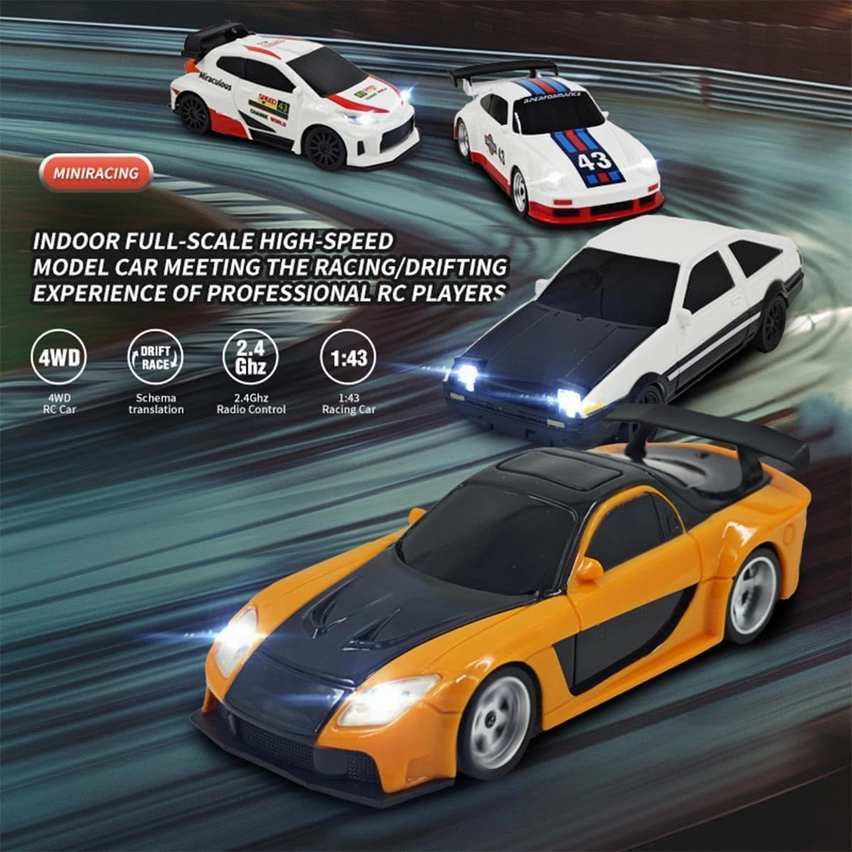 RC Drift Car for Adults, 1/43 Scale 2.4G 4WD Full Proportional Control Mini Electric Racing Drift Car with Lights Set, Ideal Gift for Racing Enthusiasts