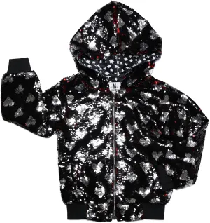 Rebelde Planet – Girls Black Bomber Jacket with Silver Heart Flip Sequin, Side Pockets, Metallic Zipper with Star Slider