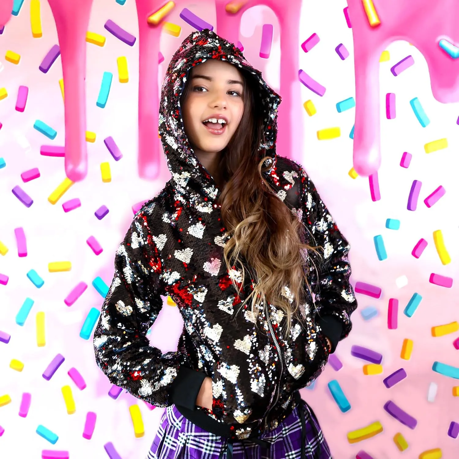 Rebelde Planet – Girls Black Bomber Jacket with Silver Heart Flip Sequin, Side Pockets, Metallic Zipper with Star Slider