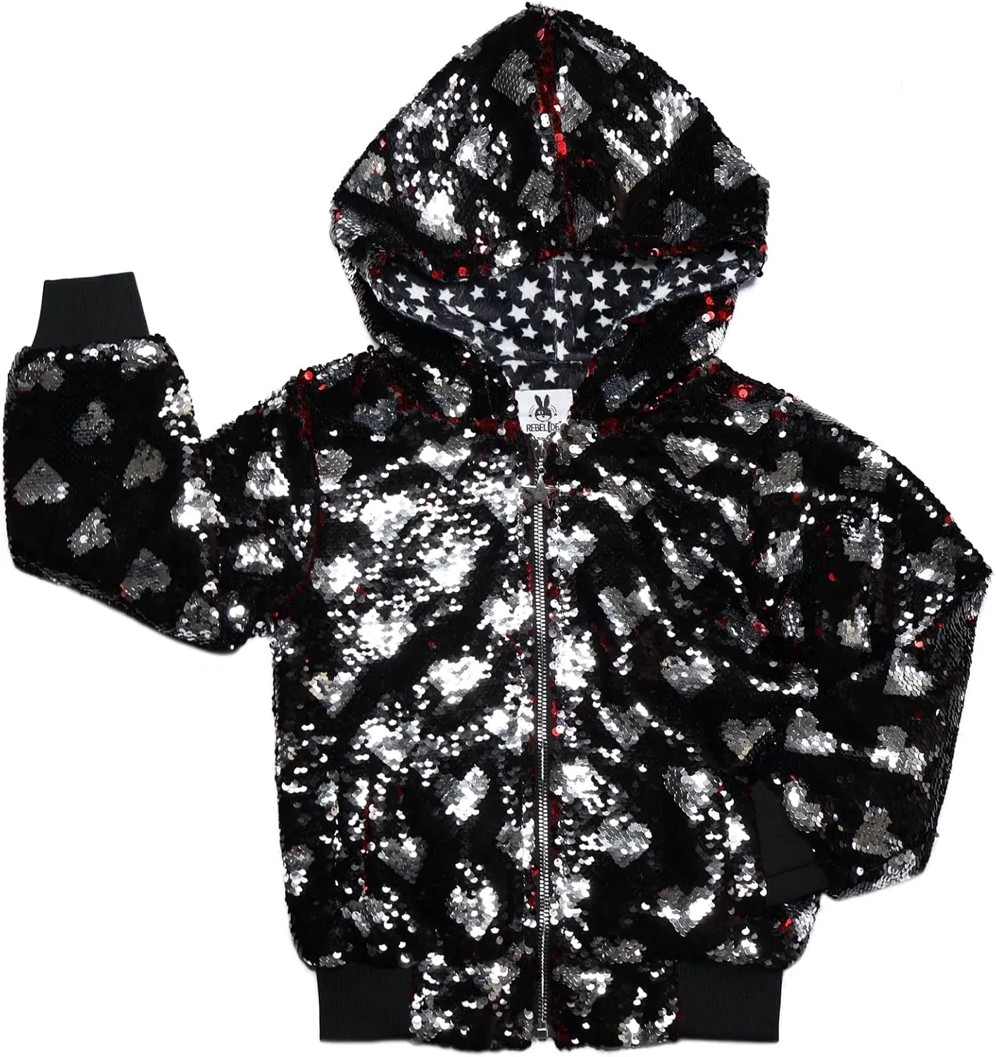 Rebelde Planet – Girls Black Bomber Jacket with Silver Heart Flip Sequin, Side Pockets, Metallic Zipper with Star Slider