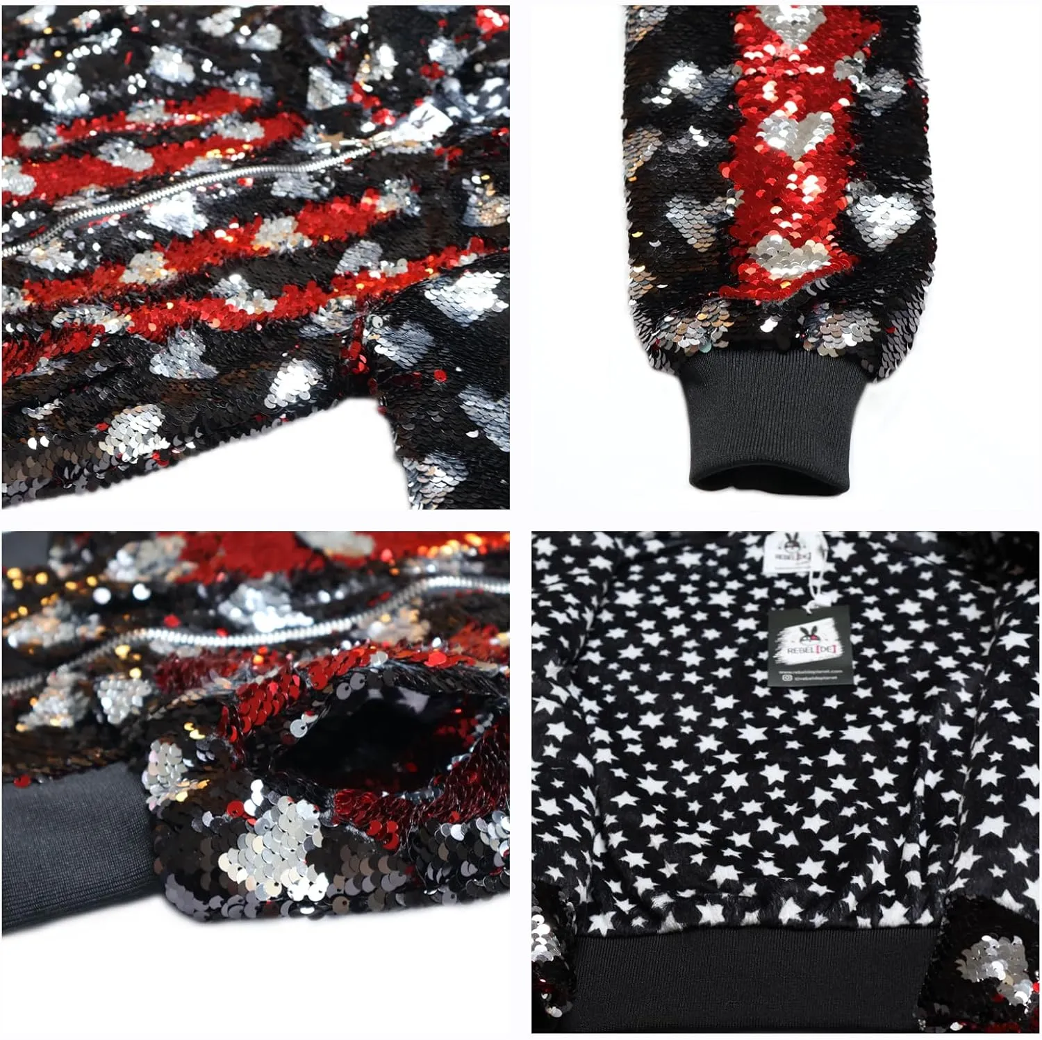 Rebelde Planet – Girls Black Bomber Jacket with Silver Heart Flip Sequin, Side Pockets, Metallic Zipper with Star Slider