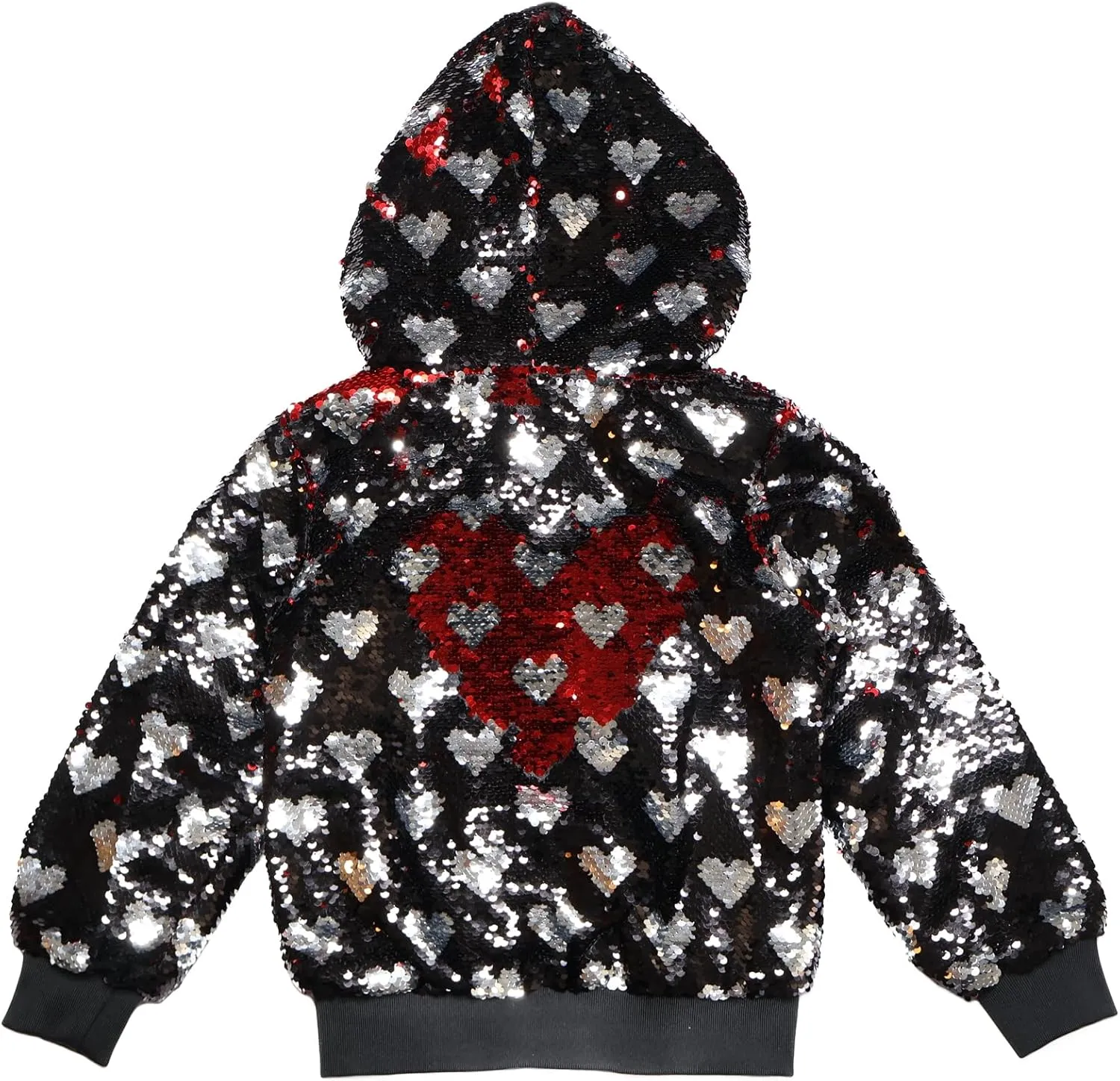Rebelde Planet – Girls Black Bomber Jacket with Silver Heart Flip Sequin, Side Pockets, Metallic Zipper with Star Slider