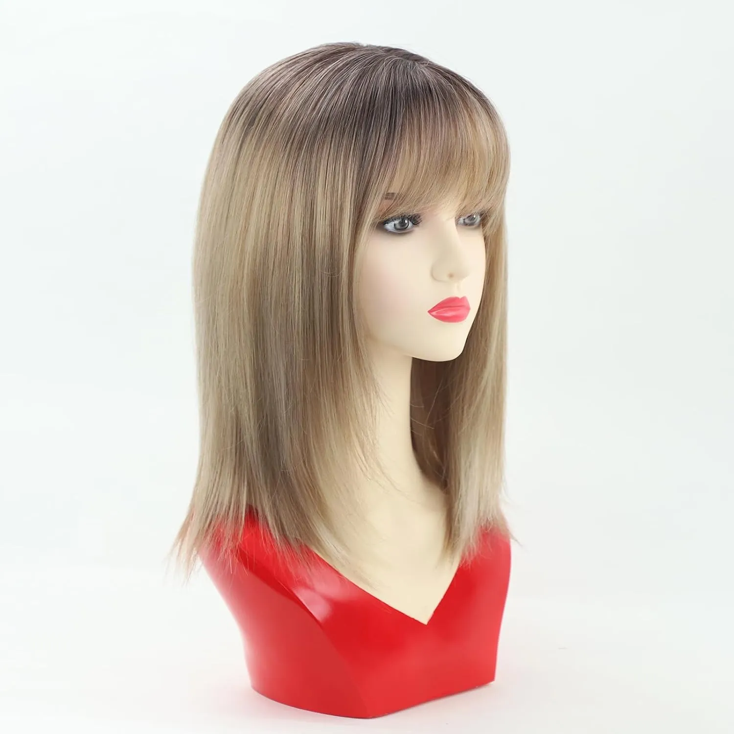 RENERSHOW Short Ombre Blonde Wig with Bangs Layered Straight Bob Synthetic Wigs for Women Mixed Blond Wig with Dark Roots Natural Looking Daily Party Wig(14inch)