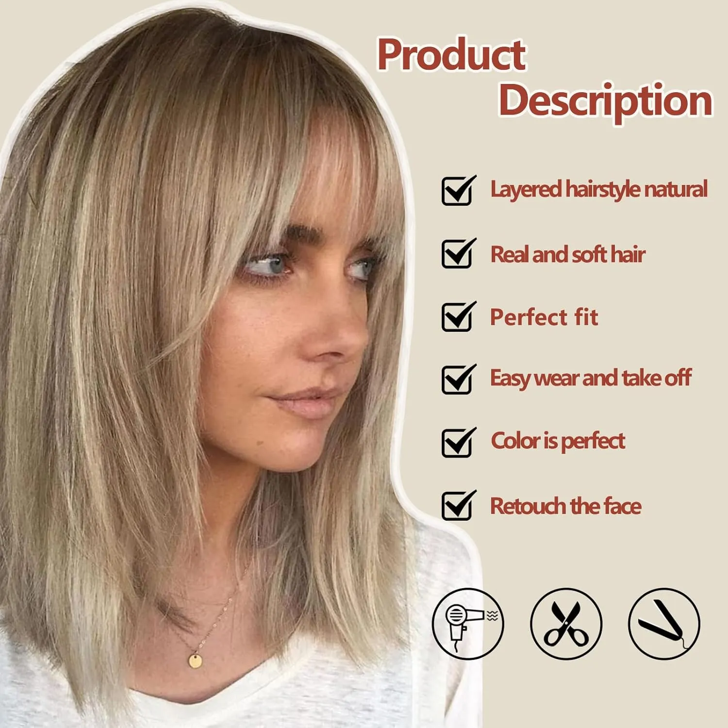 RENERSHOW Short Ombre Blonde Wig with Bangs Layered Straight Bob Synthetic Wigs for Women Mixed Blond Wig with Dark Roots Natural Looking Daily Party Wig(14inch)