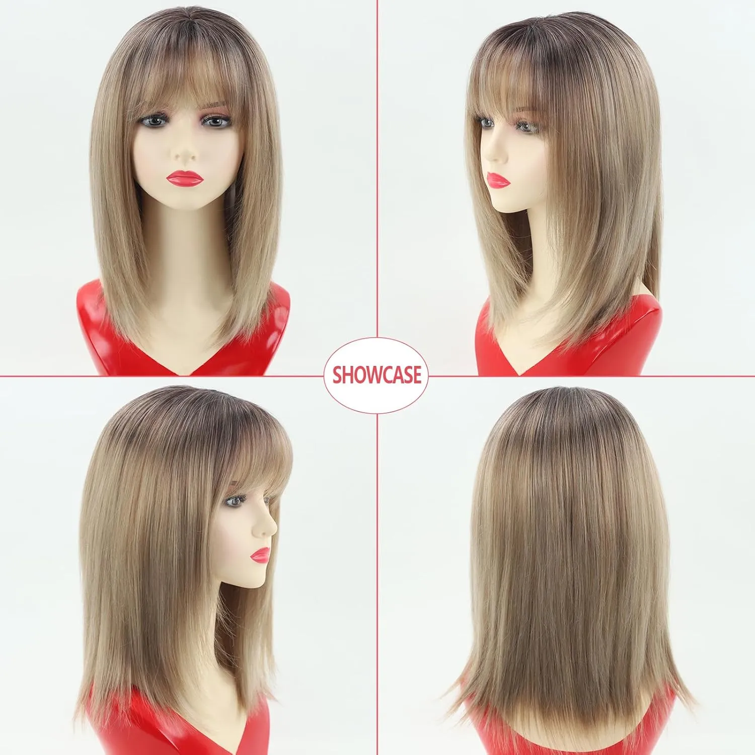 RENERSHOW Short Ombre Blonde Wig with Bangs Layered Straight Bob Synthetic Wigs for Women Mixed Blond Wig with Dark Roots Natural Looking Daily Party Wig(14inch)