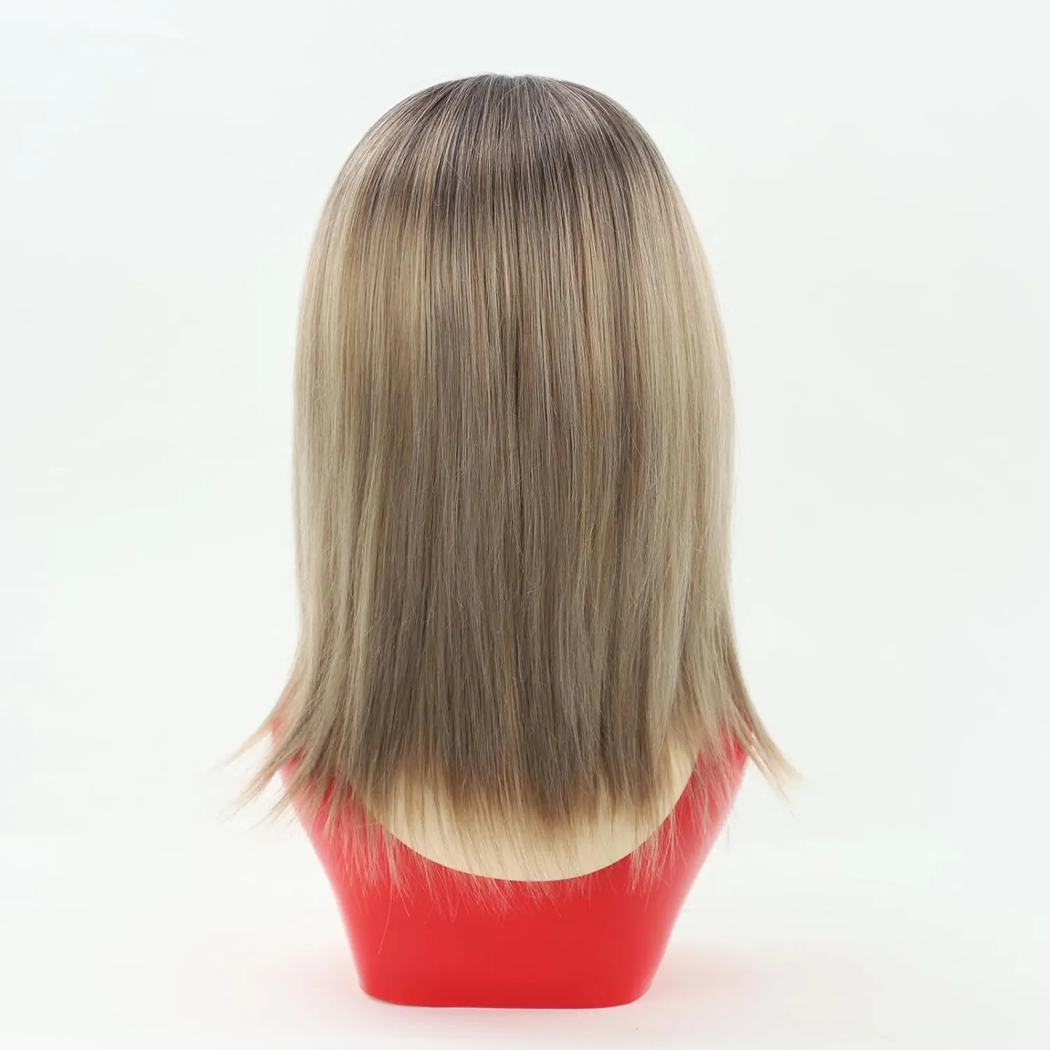 RENERSHOW Short Ombre Blonde Wig with Bangs Layered Straight Bob Synthetic Wigs for Women Mixed Blond Wig with Dark Roots Natural Looking Daily Party Wig(14inch)