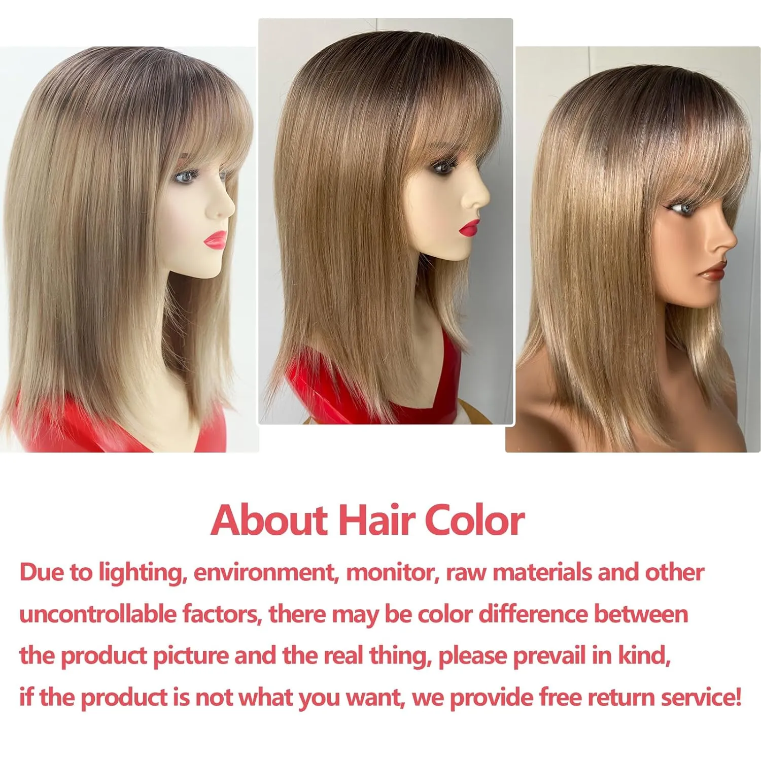 RENERSHOW Short Ombre Blonde Wig with Bangs Layered Straight Bob Synthetic Wigs for Women Mixed Blond Wig with Dark Roots Natural Looking Daily Party Wig(14inch)