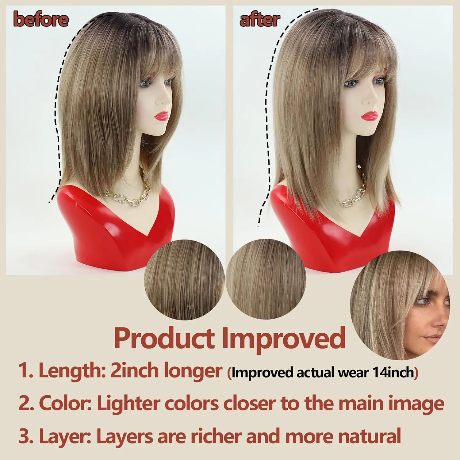 RENERSHOW Short Ombre Blonde Wig with Bangs Layered Straight Bob Synthetic Wigs for Women Mixed Blond Wig with Dark Roots Natural Looking Daily Party Wig(14inch)