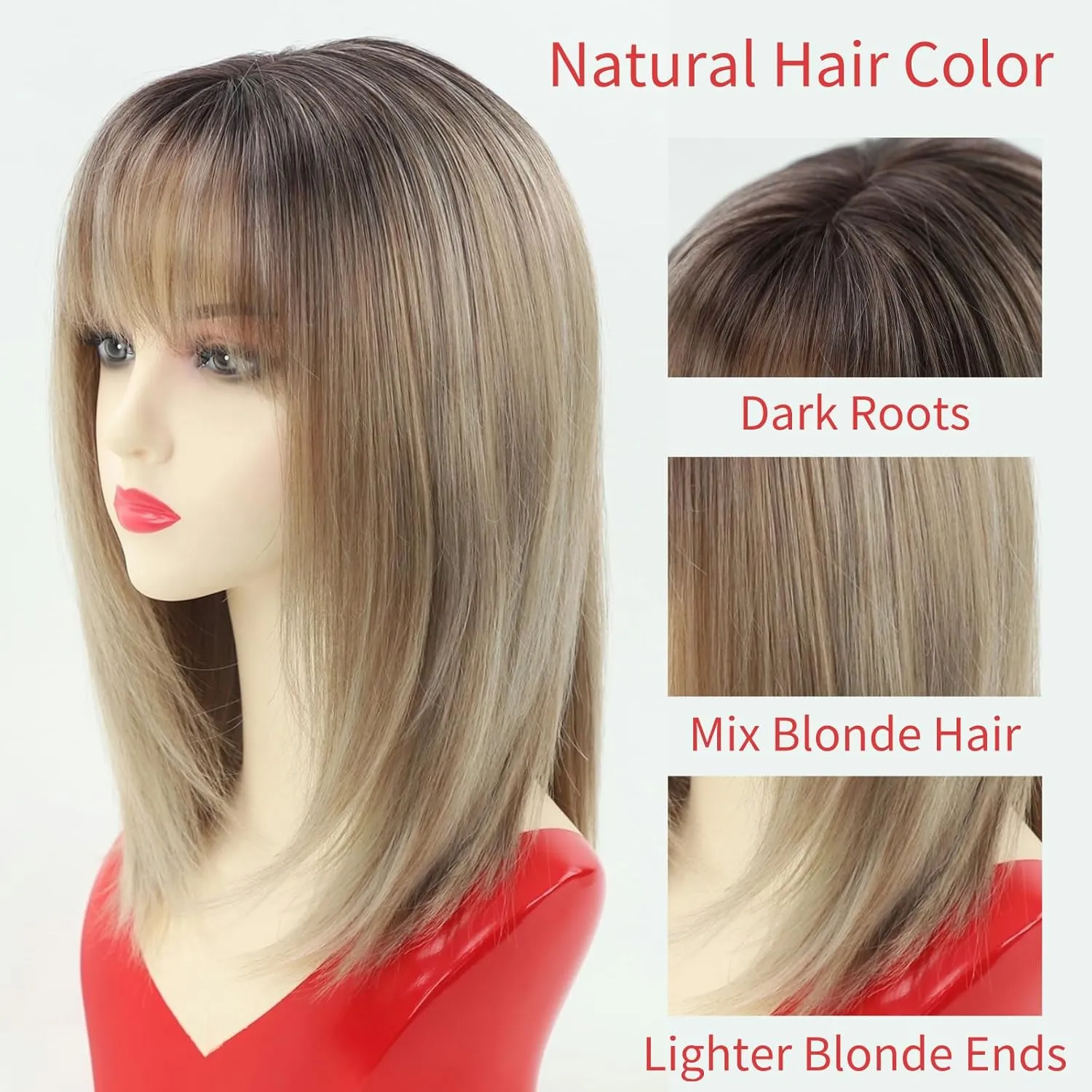 RENERSHOW Short Ombre Blonde Wig with Bangs Layered Straight Bob Synthetic Wigs for Women Mixed Blond Wig with Dark Roots Natural Looking Daily Party Wig(14inch)