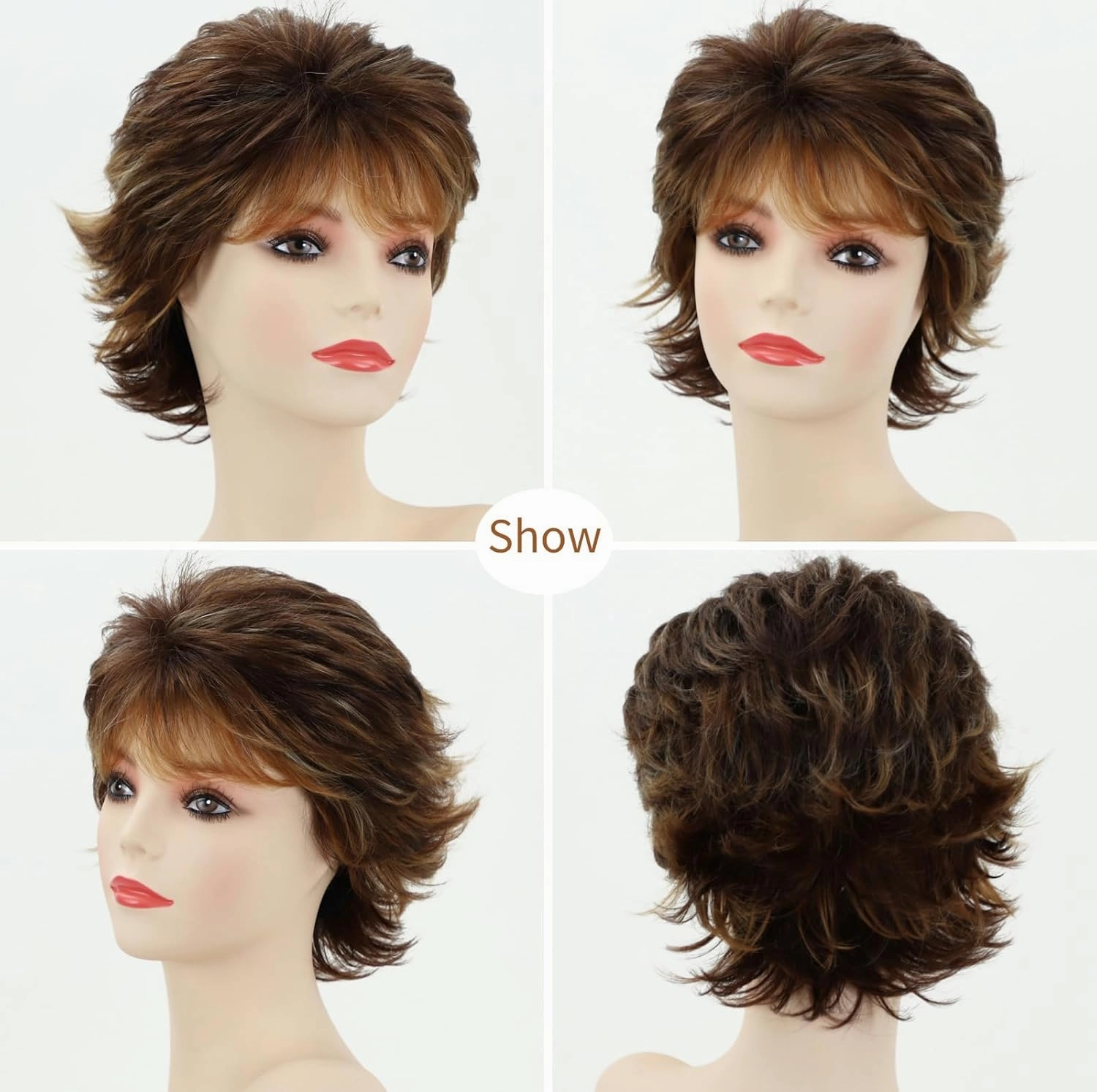 RENERSHOW Brown Highlight Short Pixie Wigs for White Women Synthetic Hair Wig with Bangs Natural