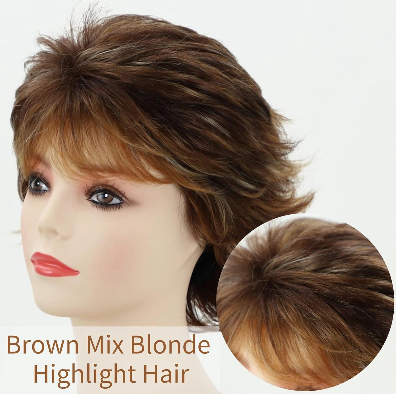 RENERSHOW Brown Highlight Short Pixie Wigs for White Women Synthetic Hair Wig with Bangs Natural