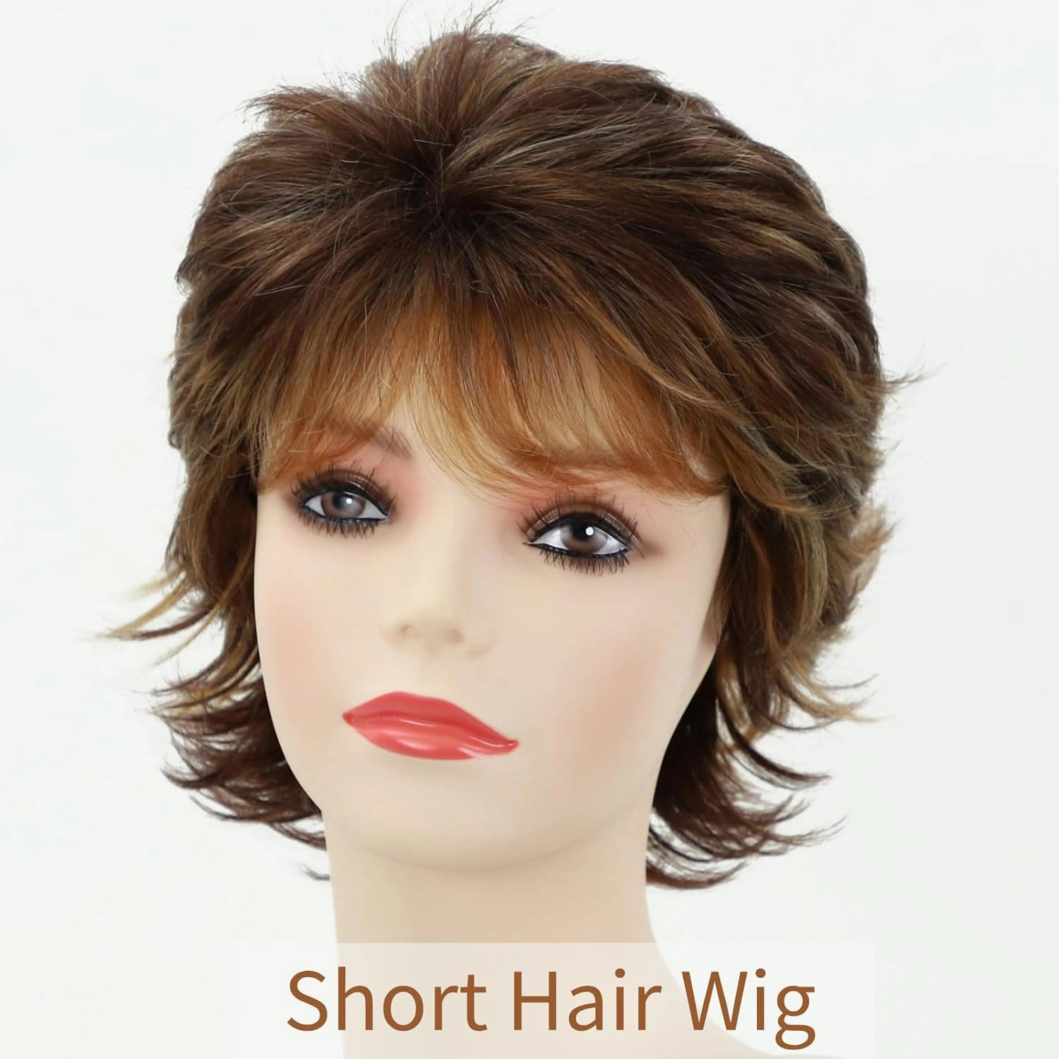 RENERSHOW Brown Highlight Short Pixie Wigs for White Women Synthetic Hair Wig with Bangs Natural