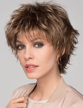 RENERSHOW Brown Highlight Short Pixie Wigs for White Women Synthetic Hair Wig with Bangs Natural