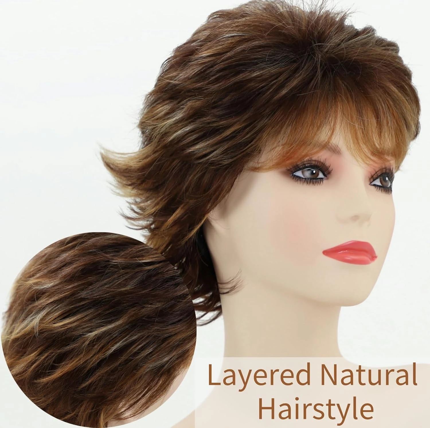 RENERSHOW Brown Highlight Short Pixie Wigs for White Women Synthetic Hair Wig with Bangs Natural