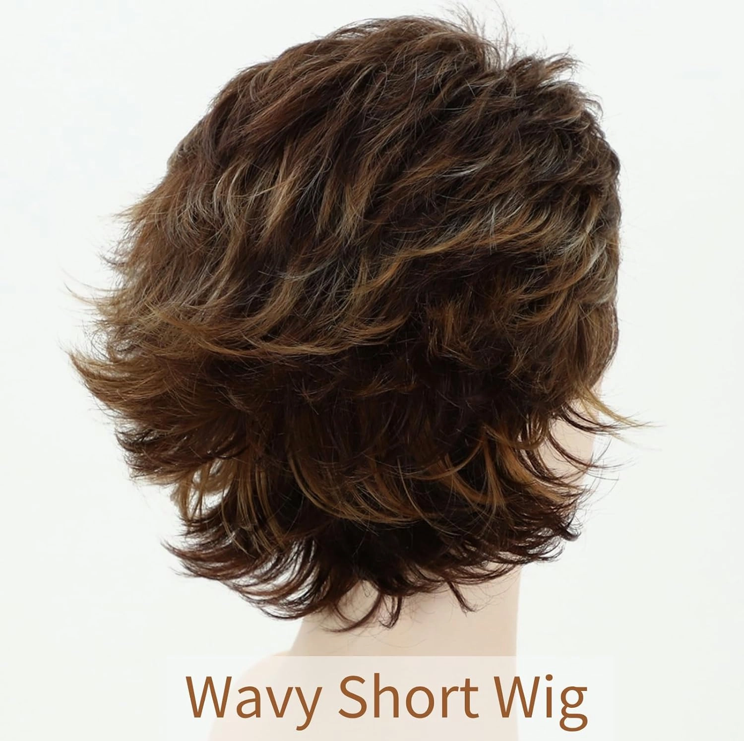 RENERSHOW Brown Highlight Short Pixie Wigs for White Women Synthetic Hair Wig with Bangs Natural