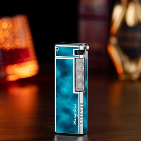 Retro Sideling Flame Lighter, Refillable Butane Lighter, Side Slip Grinding Wheel Flint Tobacco Lighters Smoking Accessories with Gift Box (Blue-Silver)