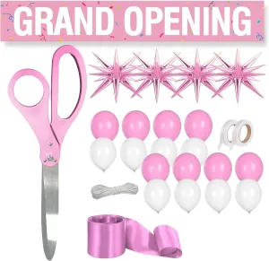 Ribbon Cutting Ceremony Kit Pink - 25 Inch Giant Scissors for Ribbon Cutting Pink Banner and Star Balloons Satin Ribbon for Special Events and Business Openings Inaugurations