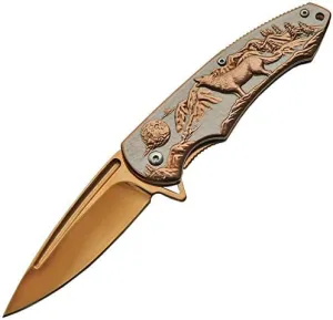 Rite Edge 4.5" Rose Gold Folding Knife – Howling Wolf Design, Gold Titanium Blade, Liner Lock, Pocket Clip, Outdoor EDC Knife