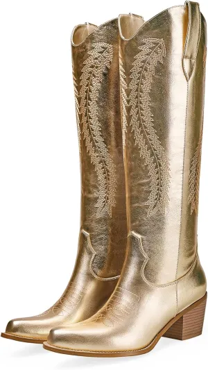 RKQ Women's Metallic Cowboy Boots Sparkle Knee High Cowgirl Boots Embroidered Western Wide Calf Boots with Pull on Tabs Pointed Toe Stacked Chunky Heel for Party Wedding Casual