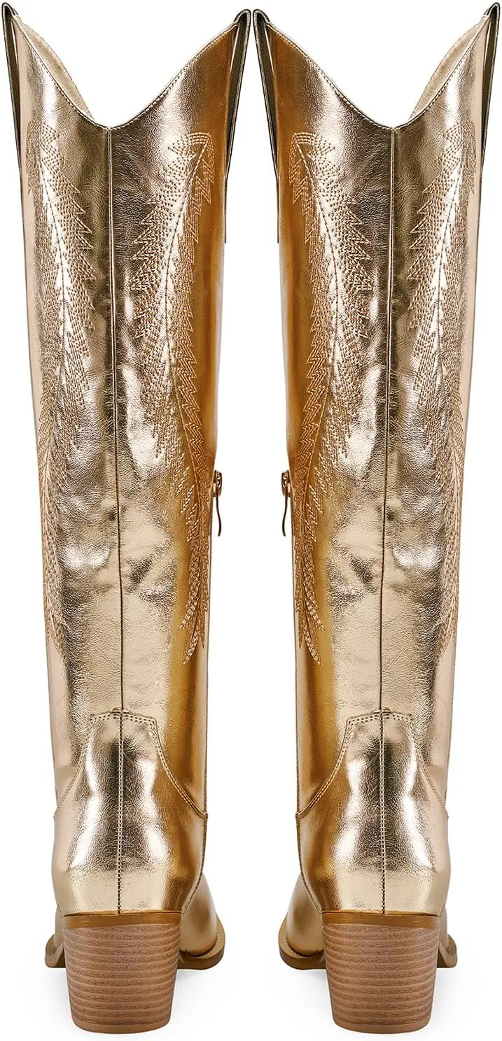 RKQ Women's Metallic Cowboy Boots Sparkle Knee High Cowgirl Boots Embroidered Western Wide Calf Boots with Pull on Tabs Pointed Toe Stacked Chunky Heel for Party Wedding Casual