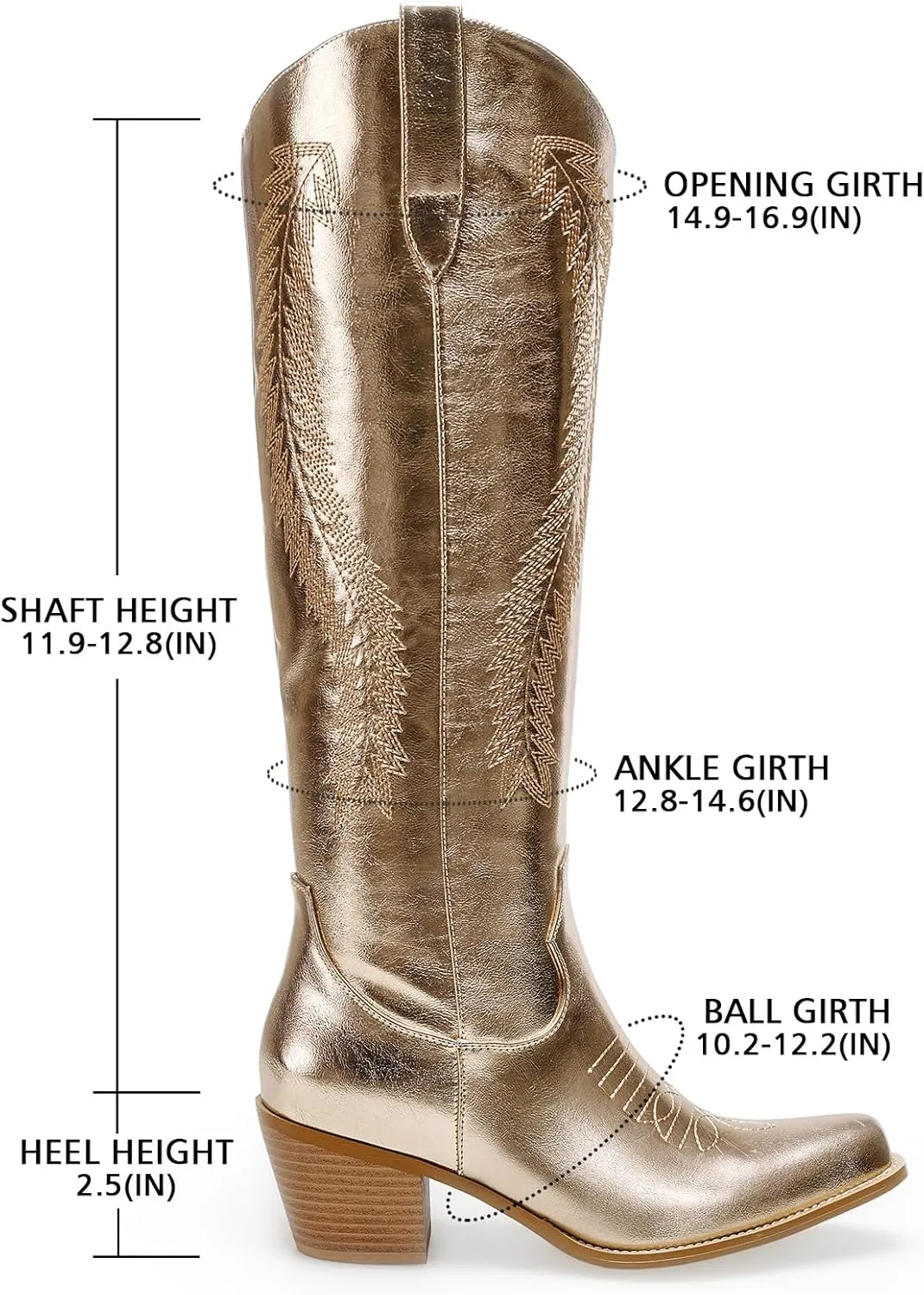 RKQ Women's Metallic Cowboy Boots Sparkle Knee High Cowgirl Boots Embroidered Western Wide Calf Boots with Pull on Tabs Pointed Toe Stacked Chunky Heel for Party Wedding Casual